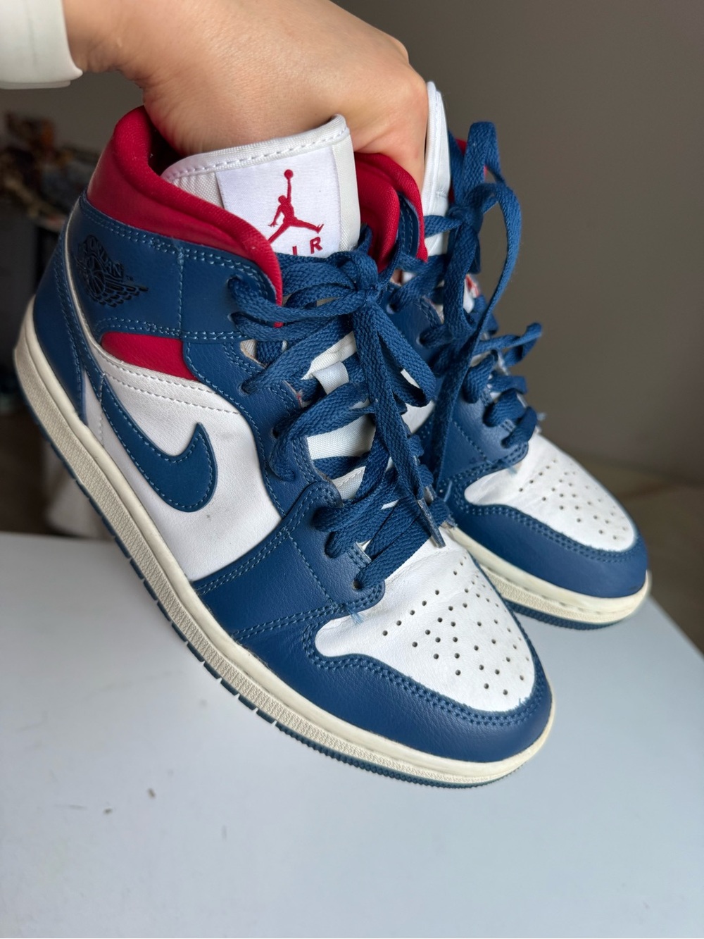 Air Jordan 1 Mid French Blue White Gym Red Women’s US 7.5